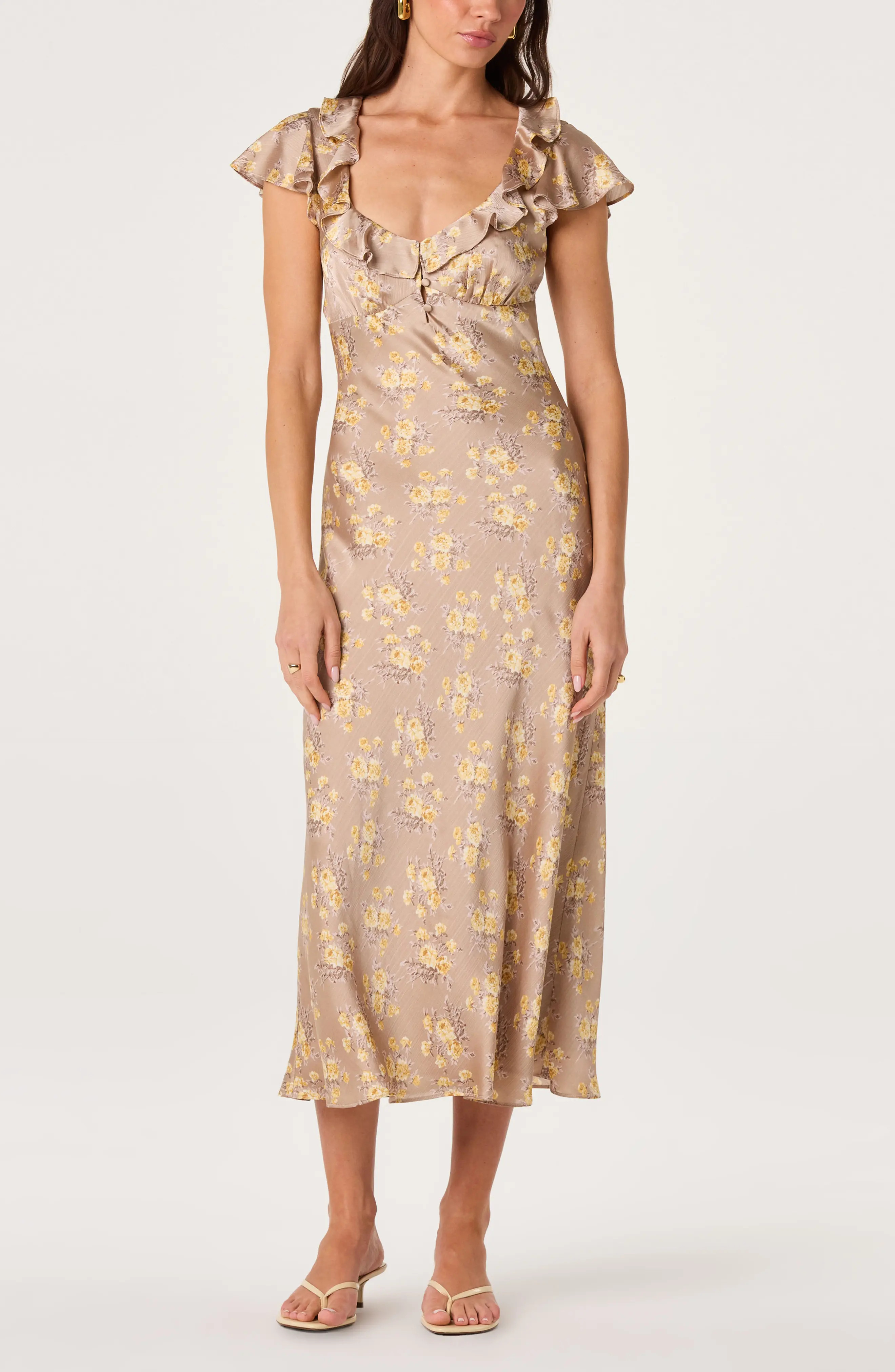 ASTR the Label Nico Floral Ruffle Cap Sleeve Midi Dress in Burgundy Floral at Nordstrom, Size Small | Nordstrom