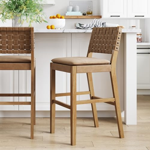 Nathan James Cohen Mid-Century Modern 29 in. Wood Bar Stool, Upholstered Faux Leather Bar Height Stool with Solid Wood Frame, Natural Brown | Amazon (US)