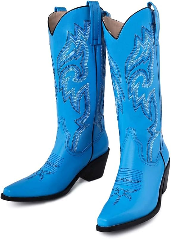 heelchic Womens Embroidered Cowboy Cowgirl Boots Snip Toe Chunky Heel Western Boots Pull On Mid C... | Amazon (US)