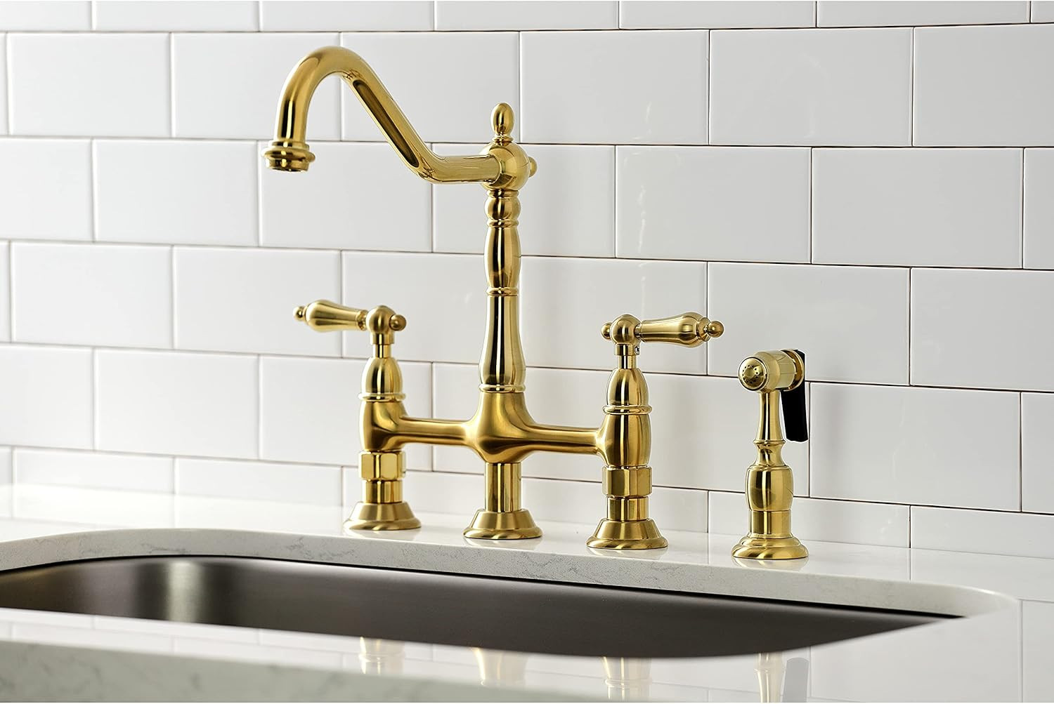 Kingston Brass KS1277ALBS Heritage 8-Inch Kitchen Bridge Faucet with Brass Sprayer, Brushed Brass | Amazon (US)