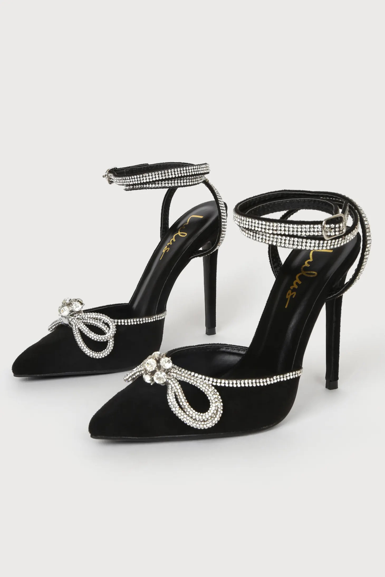 Lullie Black Suede Rhinestone Ankle Strap Pointed-Toe Pumps | Lulus