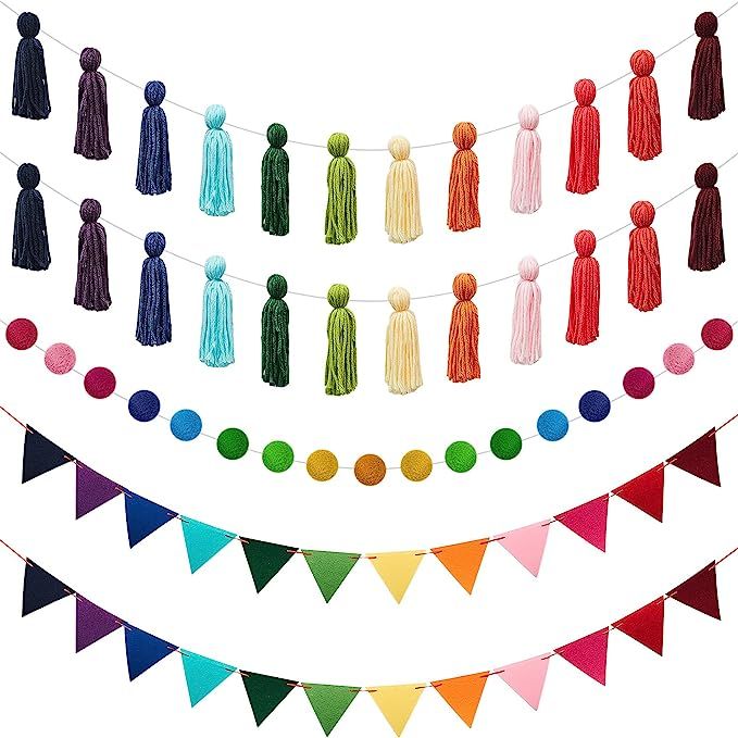 5 Pieces Colorful Garland Banner Rainbow Felt Balls Garland Christmas Tassel Triangle Flags Banne... | Amazon (US)