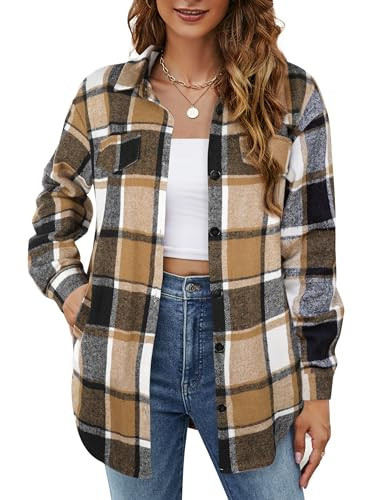 Blooming Jelly Flannel Shirts for Women Long Sleeve Plaid Shirt Shacket Jackets Fall Clothes 2024 (X-Large, Brown) | Amazon (US)