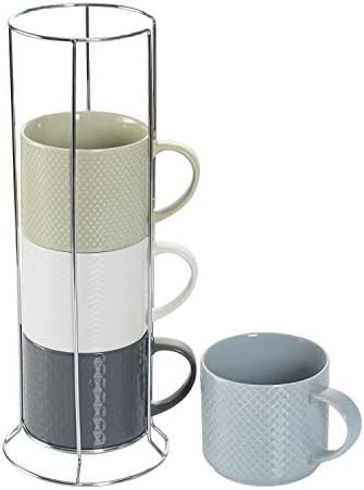 Hasense Stackable Porcelain Coffee Mugs Set of 4 with Metal Stand, 15 Ounce Embossed Cappuccino C... | Amazon (US)
