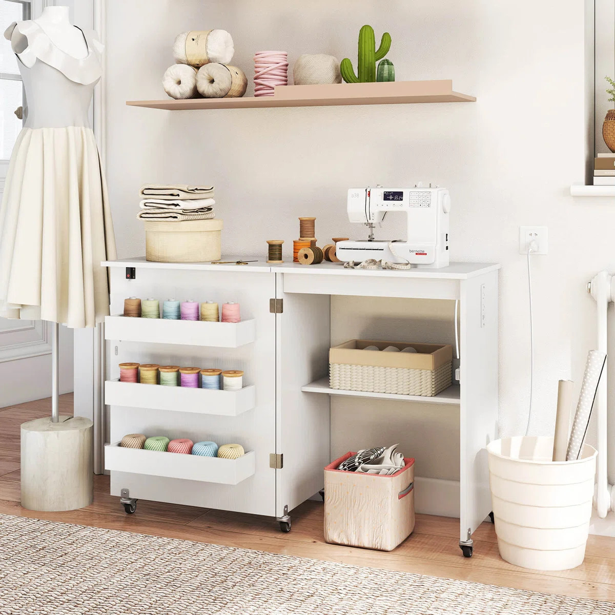 Folding Sewing Table Rolling Craft Station with 3 Storage Bins & Charging Station | Wayfair North America