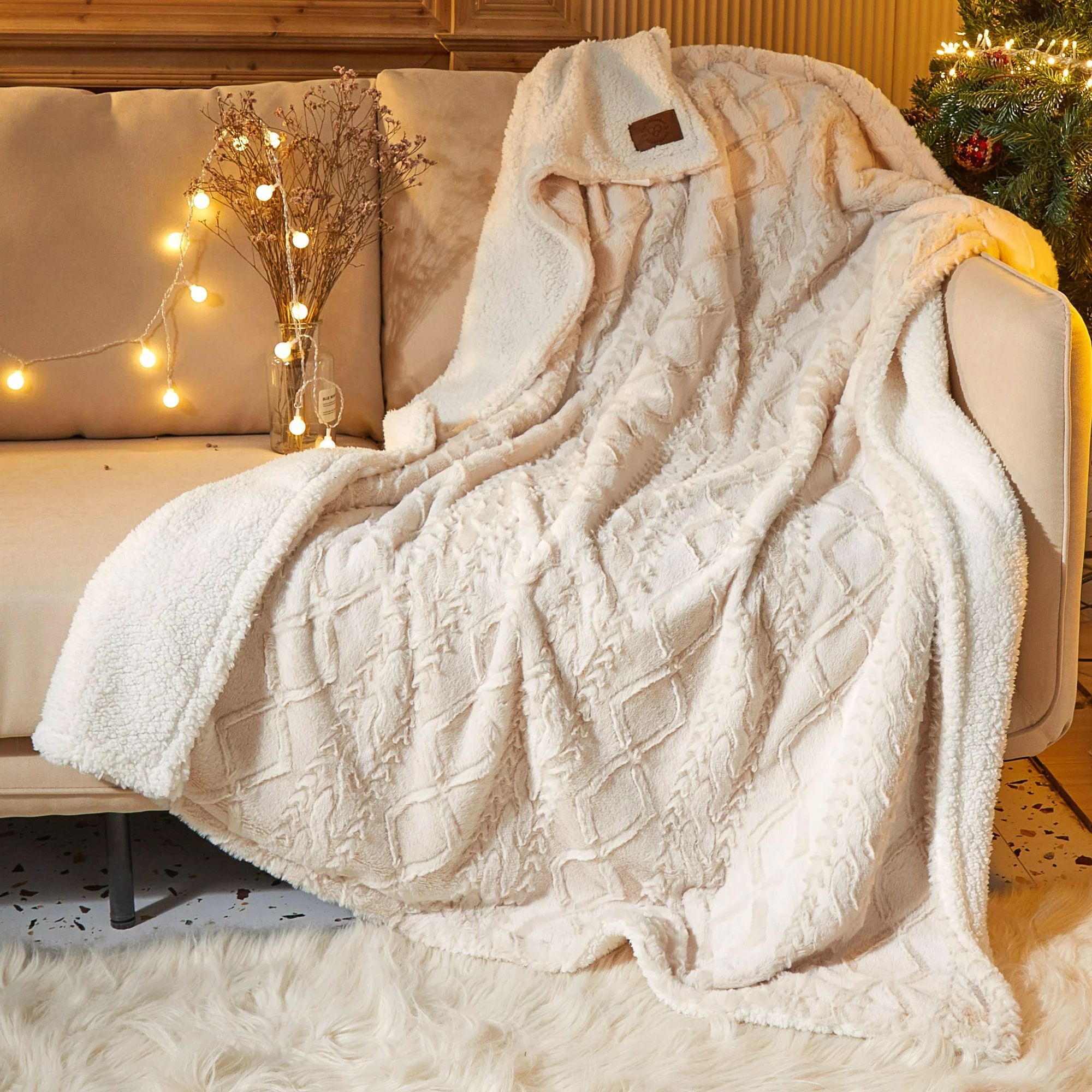 Dearfoams Reverse Sherpa Throw Blanket, Sweater Knit, Ivory, Standard Throw | Walmart (US)