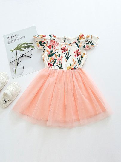 Toddler Girls Floral Print Contrast Mesh A-line Dress | SHEIN