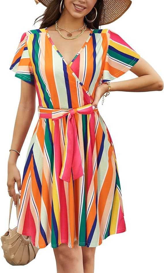 KILIG Women’s Summer Short Sleeve V Neck Dress Floral Midi Wrap Dresses with Pockets | Amazon (US)