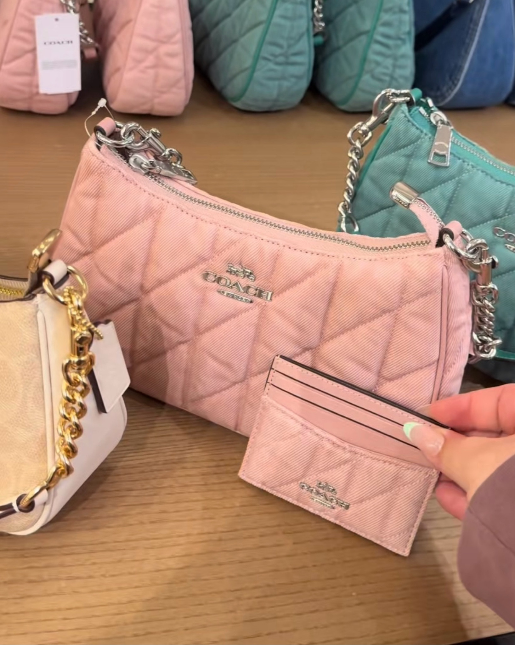 What I got at the Coach Outlet for the Ballerina Pink Denim collection 🩰🩷 Teri Shoulder Bag and Slim ID card case 

#LTKItBag #LTKSummerEdit #LTKGiftGuide