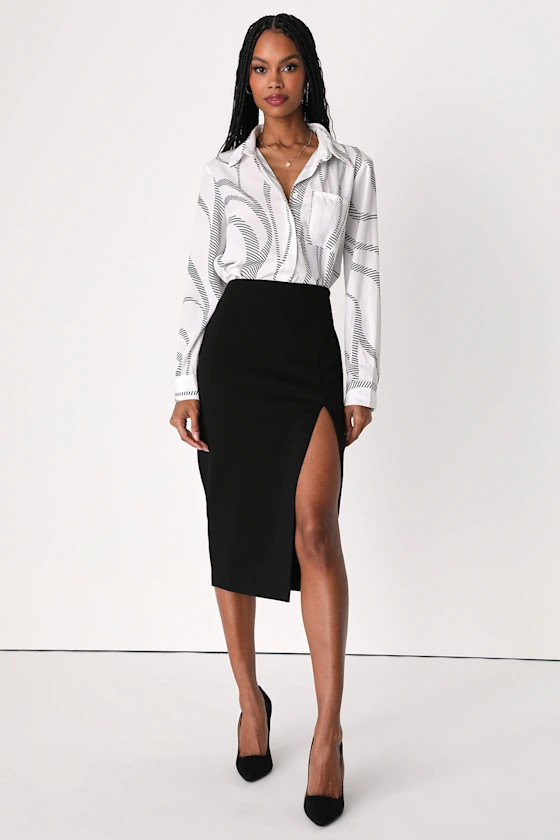 Modern Desires Black High Waisted Slit Midi Skirt | Lulus (US)