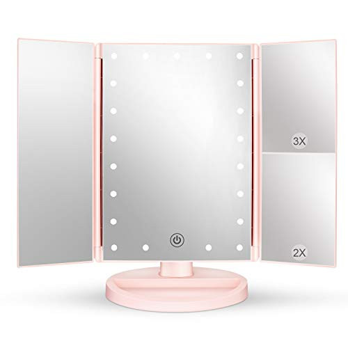 deweisn Tabletop Mount Tri-Fold Lighted Vanity Mirror with 21 LED Lights, Touch Screen and 3X/2X/1X Magnification, Two Power Supply Modes Make Up Mirror,Travel Mirror | Amazon (US)