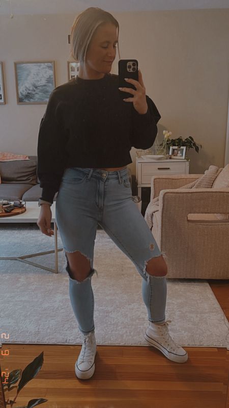 Casual Outfit Inspo with Platform Sneakers 💛 Levi jeans, platform shoes, outfits with platform sneakers, cropped crewneck, casual outfits, sneakers and jeans, ripped jeans, high waisted jeans 

#LTKstyletip
