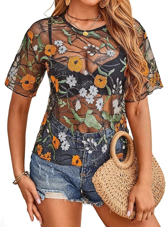 MakeMeChic Women's Plus Size Black Sequin Tops Sheer See Through Short Sleeve Shirts Tops Summer ... | Amazon (US)