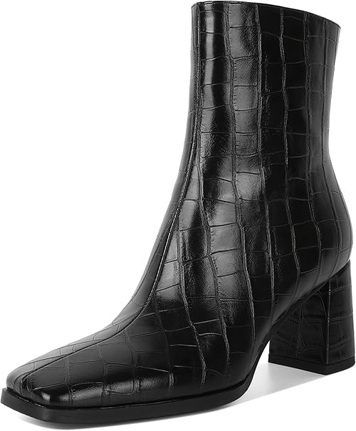 Eldof Ankle Boots Women Chunky Heel Square Toe High Heeled Gogo Short Booties Side Zipper 3 Inche... | Amazon (US)