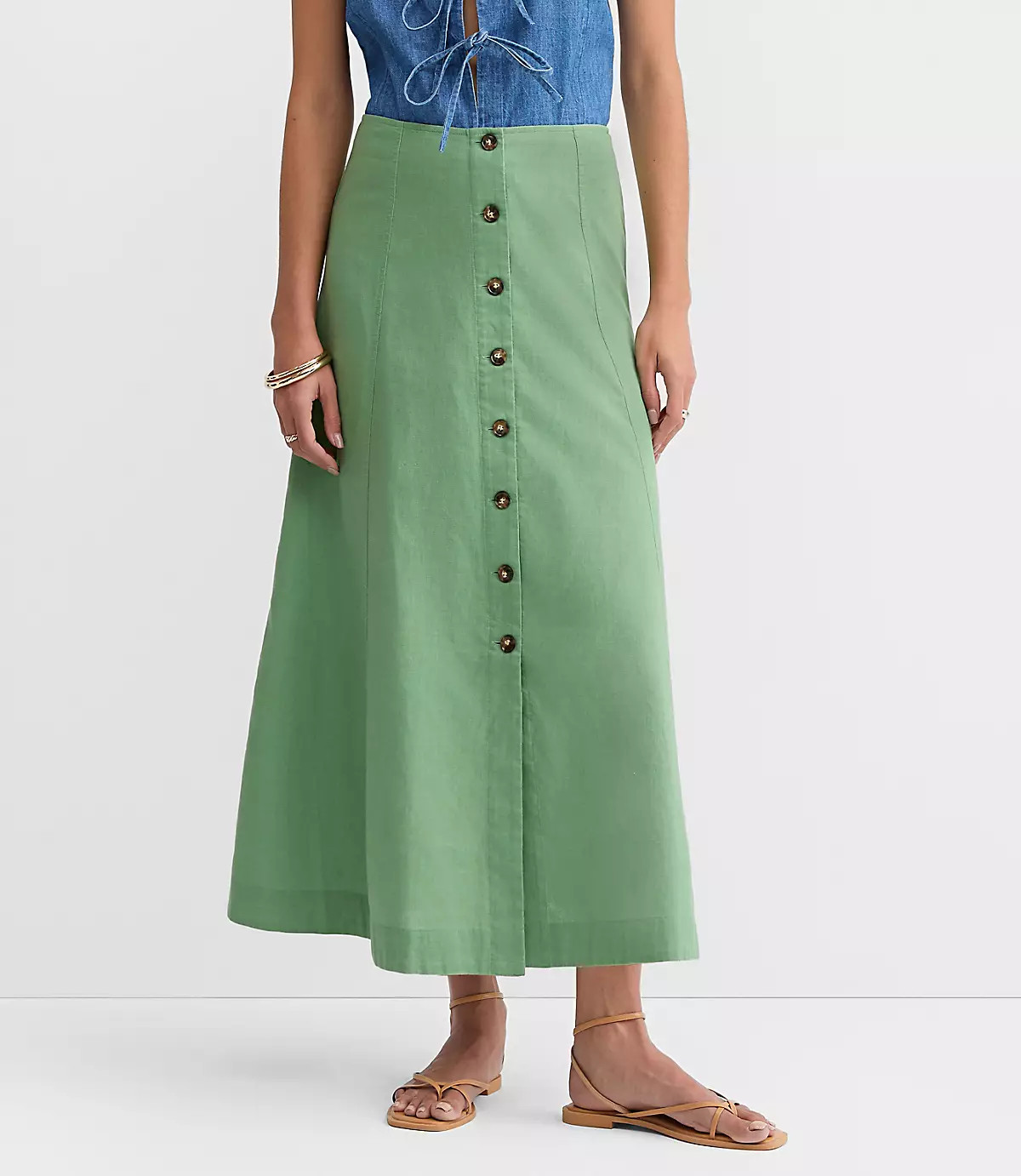 Petite Seamed Linen Cotton Button Midi Skirt | LOFT