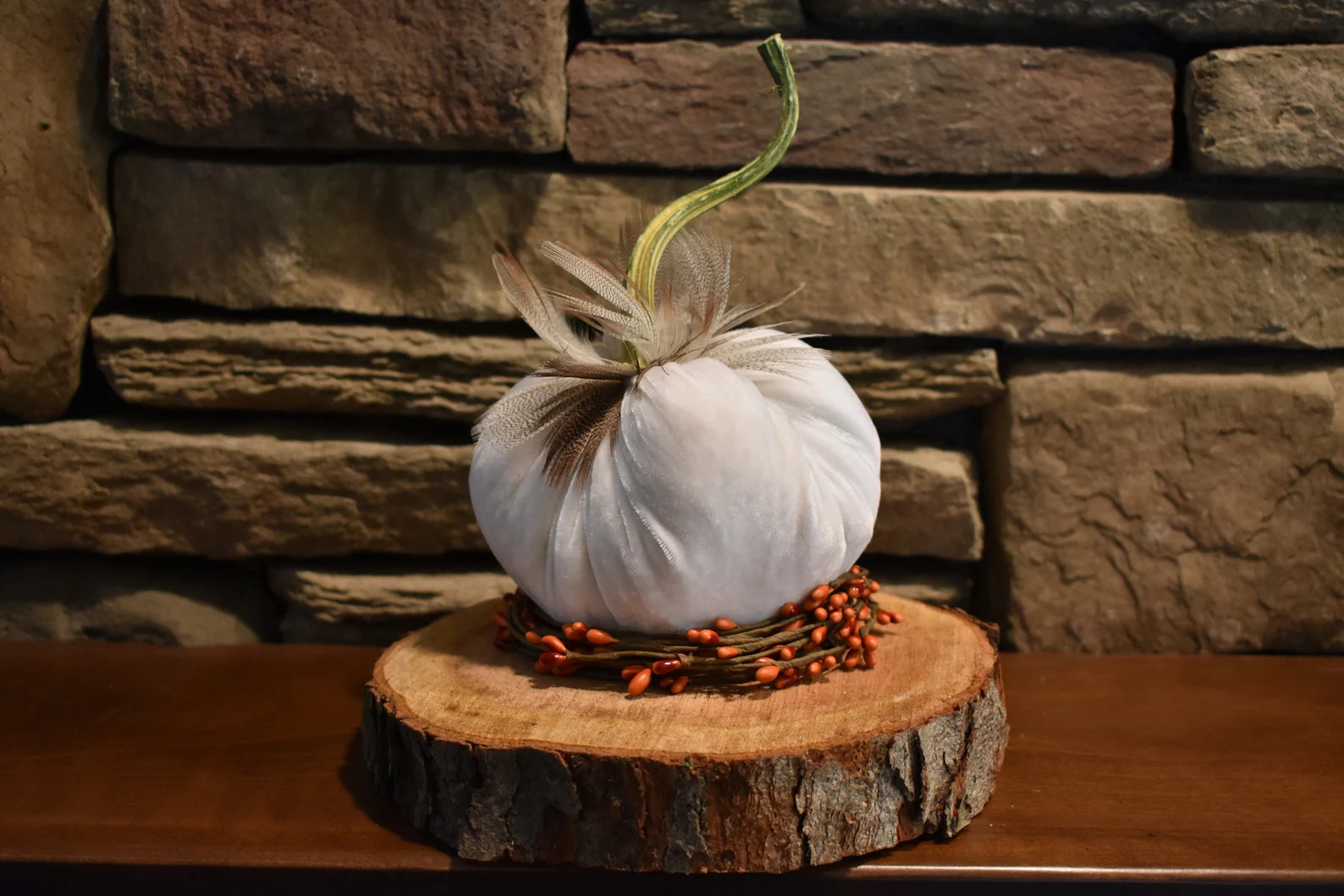 Velvet Pumpkins with Feathers, with real pumpkin stem.Fall decor,Thanksgiving, wedding decor, man... | Etsy (US)