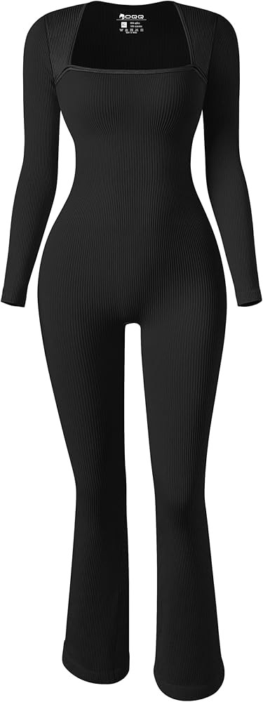 OQQ Long Sleeve Jumpsuits for Women Ribbed Long Sleeve Yoga Bell Bottoms Flare Jumpsuits | Amazon (US)