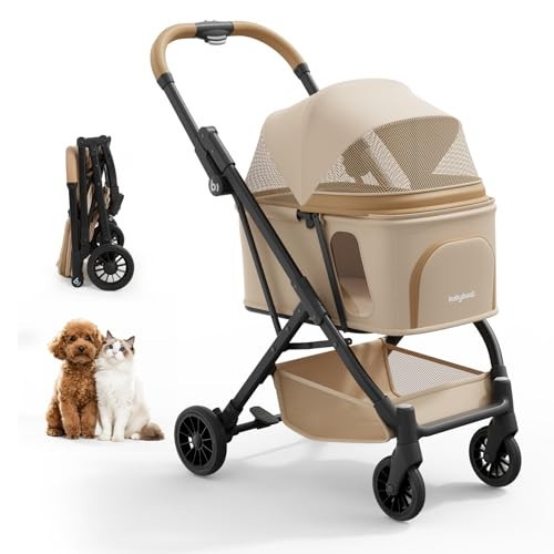 Foldable Dog Stroller Portable Compact Pet Stroller for Small/Medium Dogs & Cats Up to 35lbs One Click Folding Large Cat Carriage with Adjustable Canopy Storage Basket - Khaki | Amazon (US)