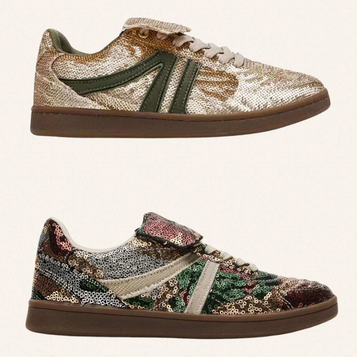 Steve Madden Madrid Sequin sneakers for Autumns, true autumns, dark autumns, soft autumns, hocautumn, house of colour, color analysis, gold sneakers, green sneakers, camo sneakers, brown sneakers, gum sole sneakers

#LTKStyleTip #LTKFindsUnder100 #LTKShoeCrush