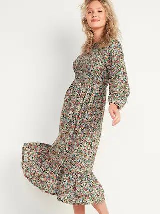 Smocked Floral-Print Fit &#x26; Flare Midi Dress for Women | Old Navy (US)