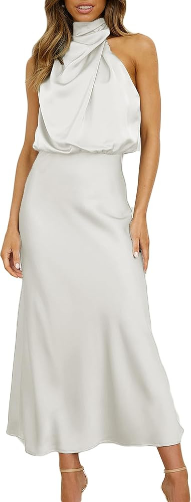 2023 Women Satin High Neck Cutout Maxi Dress for Wedding Guest Silk Empire Waist Asymmetrical Sle... | Amazon (US)