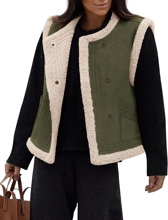 PRETTYGARDEN Women's Winter Faux Suede Vest Sleeveless Button Down Fleece Sherpa Lined Jacket Fas... | Amazon (US)