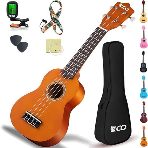 iECO Soprano Ukulele Beginner Kit for Kids Adults 21 Inch Ukelele w/Case Strap Tuner Strings Picks (Honey) | Amazon (US)