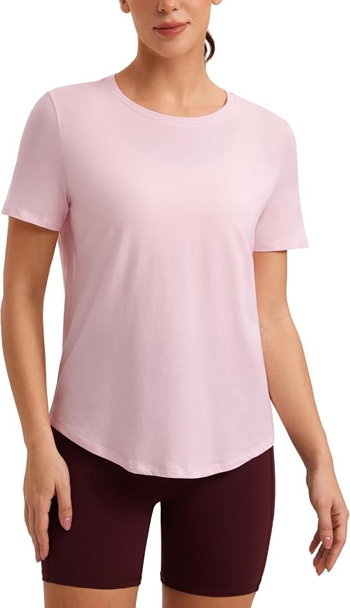 CRZ YOGA Pima Cotton Crewneck T-Shirt | Workout, Naturally Soft, Classic Fit, Hip Length, Curved ... | Amazon (US)