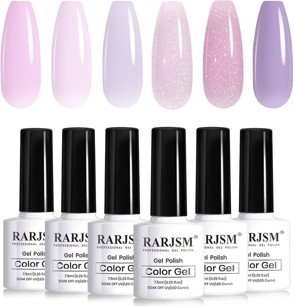RARJSM Nude Gel Nail Polish Purple Glitter 6pcs Set 7.5ml Jelly Shimmery Sheer Violet Nail Gel Polish Iridescent Sparkly Light Purple Pink Translucent Natural Skin Tone Color Soak off UV LED Cured | Amazon (US)