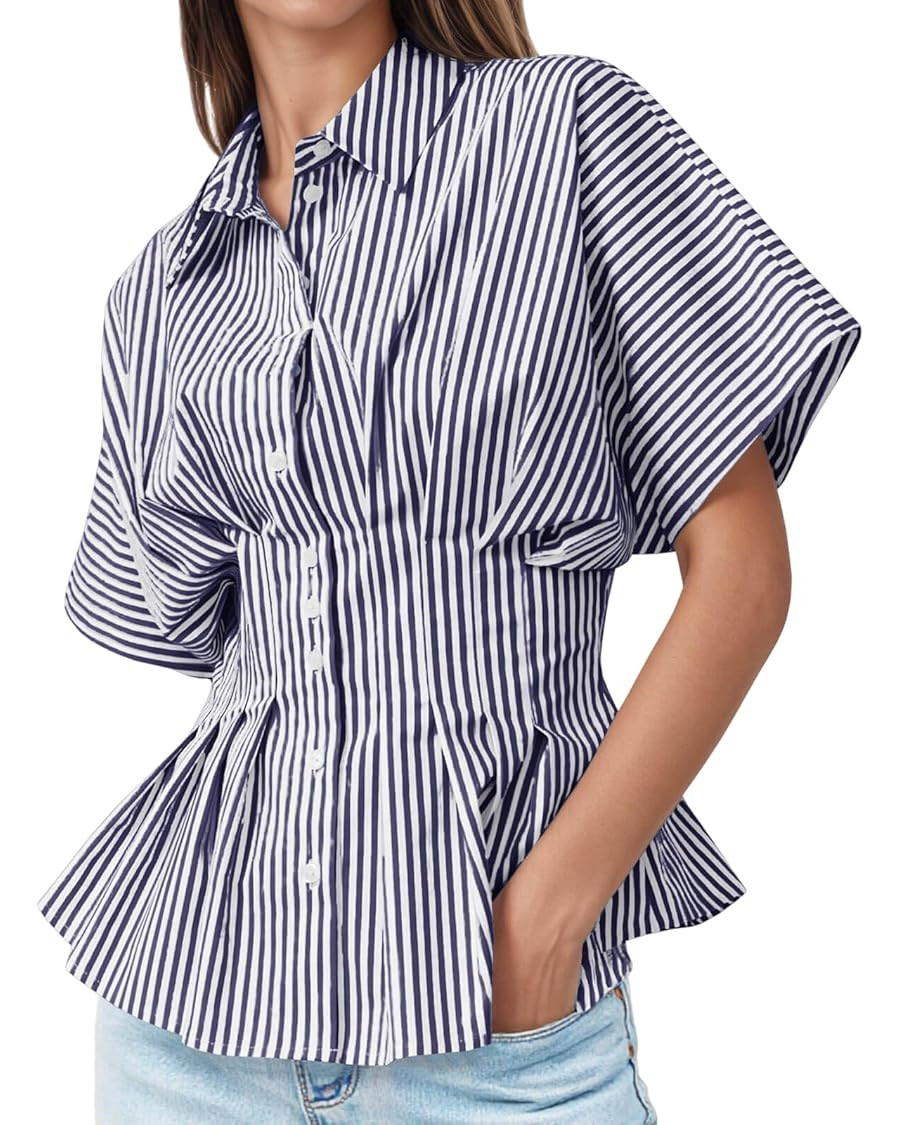 Tankaneo Womens Striped Peplum Button Down Shirts Short Sleeve Pleated Tops Summer Business Casua... | Amazon (US)