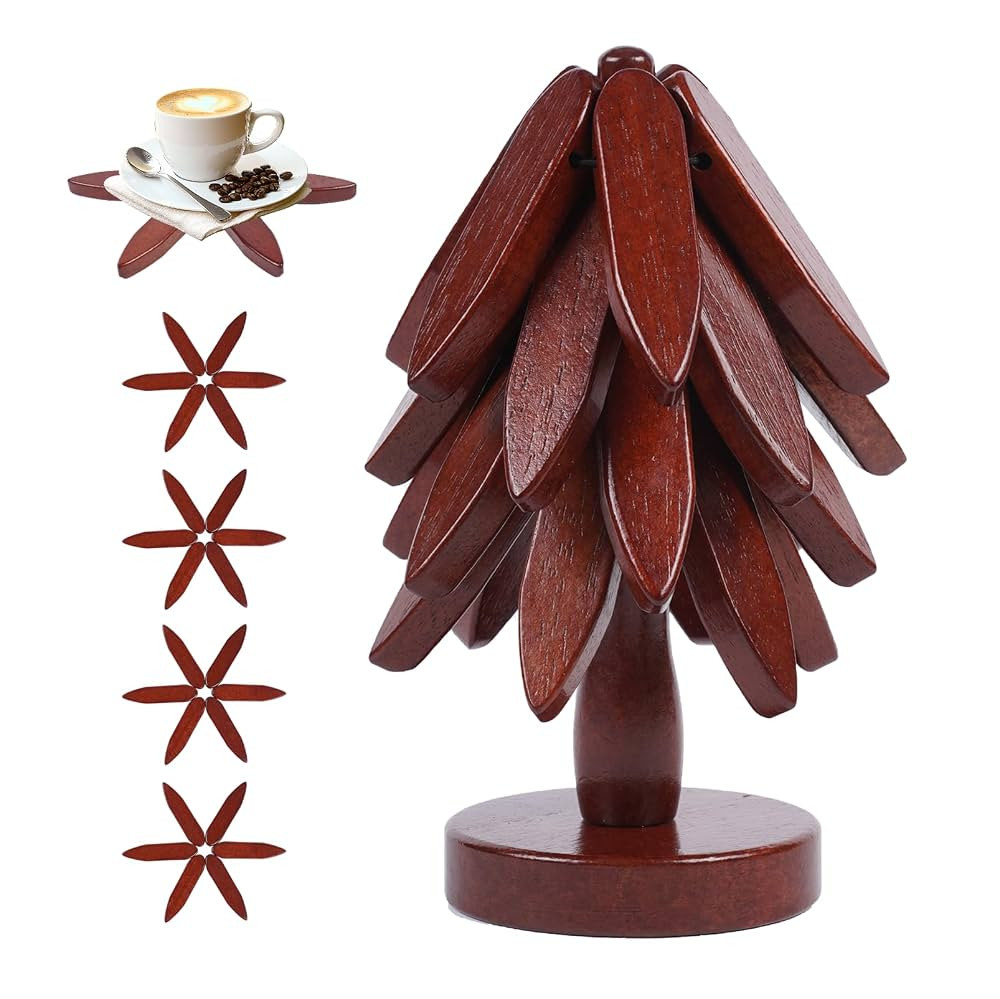 Wooden Trivets for Hot Dishes Tree Shape Trivet Set，4 Wooden Tree Coasters+1 Stand,Folding Tree... | Amazon (US)
