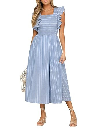 BerryGo Women's Vintage Sleeveless Striped Ruffle Cotton Midi Dress with Pocket | Amazon (US)