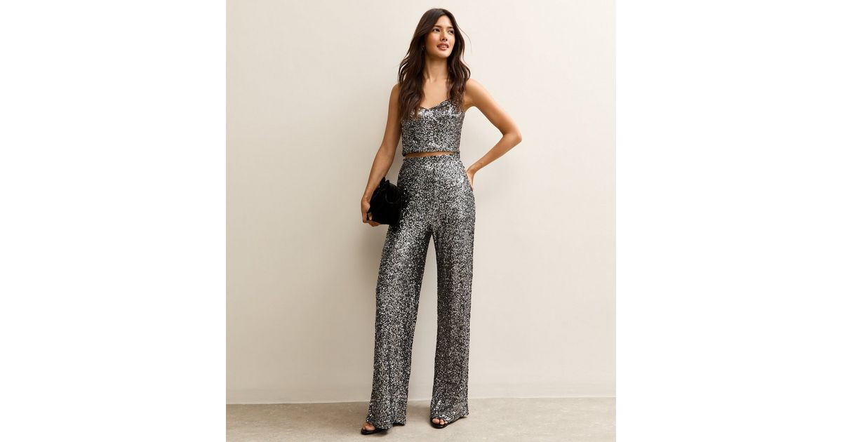 Gunmetal Sequin Soft Touch Wide Leg Trousers | New Look | New Look (UK)