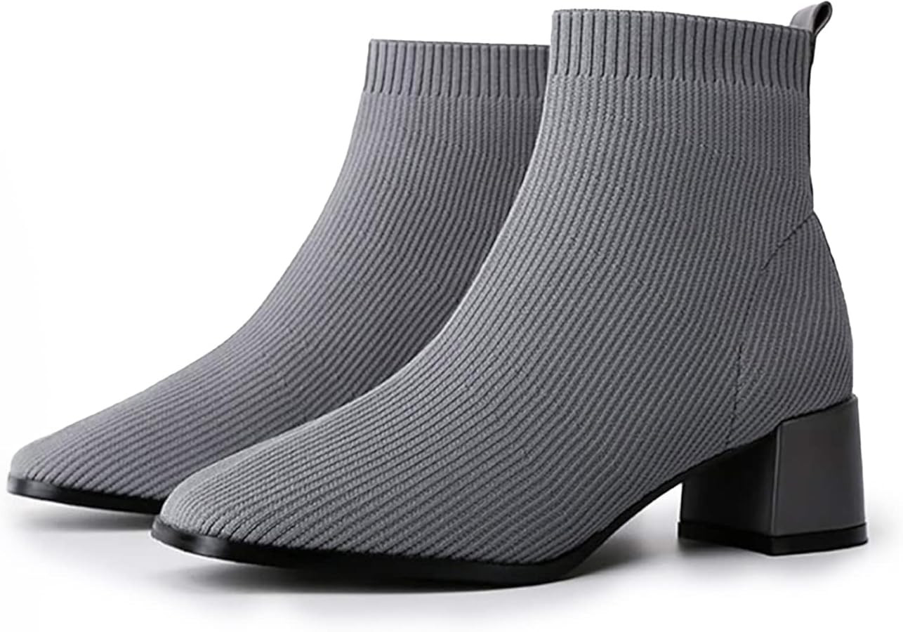 TIJN Women's Fashion Knitted Ankle Boots Classic Square Toe and Chunky Block Mid Heels Comfortabl... | Amazon (US)