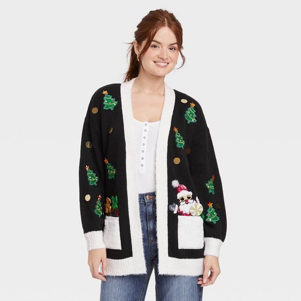 Women's Ugly Christmas Trees Graphic Cardigan - Black | Target