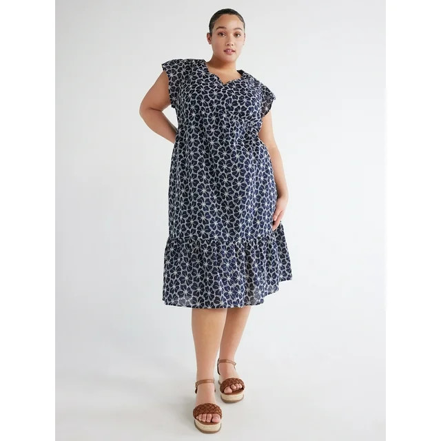 Time and Tru Women's Floral Eyelet Dress with Flutter Sleeves, Sizes XS-4X | Walmart (US)