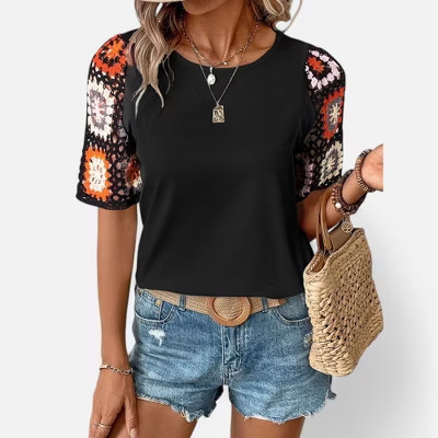 Amaryllis Women's Crochet Sleeve Top Relaxed Fit Boho Chic Short Sleeve Knit Detail Stylish Casual- Small ,Black | Target