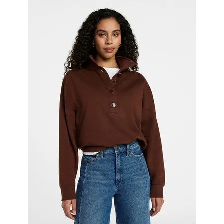 Time and Tru Women's Quarter Button Fleece Top with Long Sleeves, Size XS-XXXL | Walmart (US)