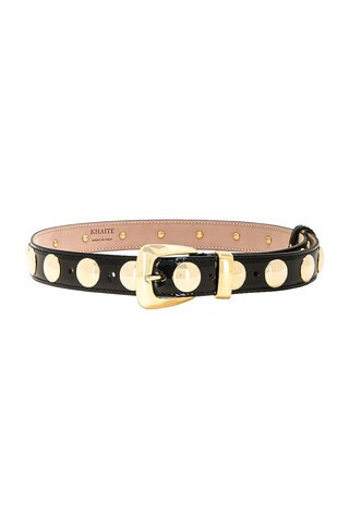 KHAITE Studded Benny Belt In Black & Gold in Black - Black. Size 90 (also in 70, 75, 80). | FWRD 