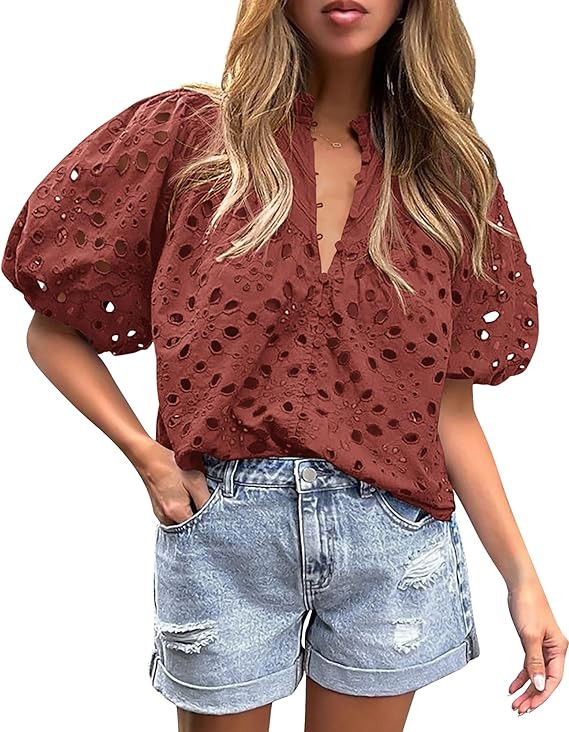 PRETTYGARDEN Women's Summer Tops Dressy Casual Short Lantern Sleeve V Neck Buttons Hollow Out Lac... | Amazon (US)