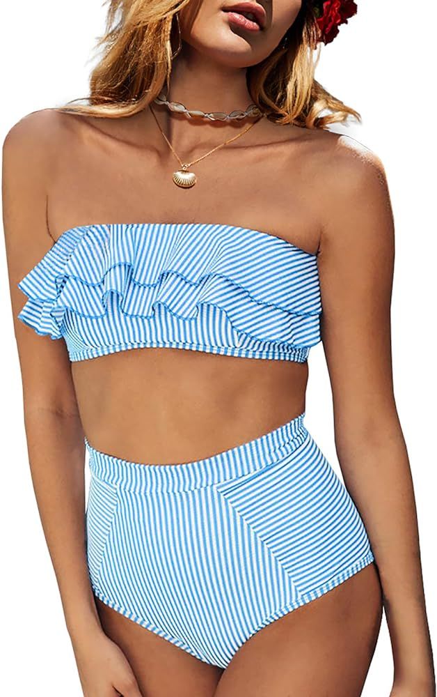 Tutorutor Womens 2 Pieces Flounce Bandeau Bikini Swimsuits Ruffle Strapless Striped Off Shoulder Hig | Amazon (US)