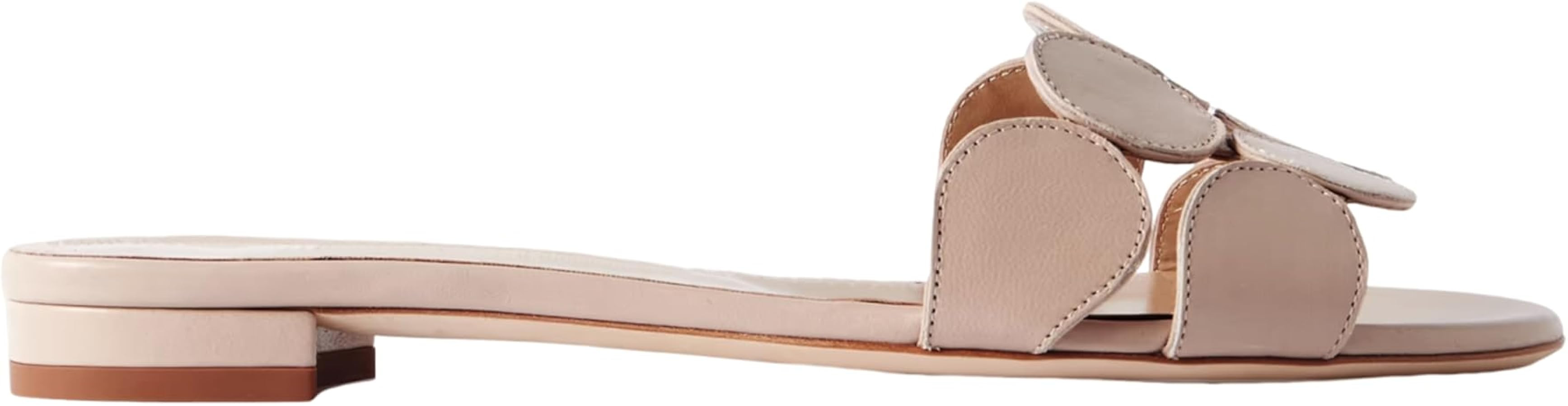 Leather Slide Sandals for Women Circle-Cut Open Toe Slip On Mule Flats with Low Heel Casual Summe... | Amazon (US)