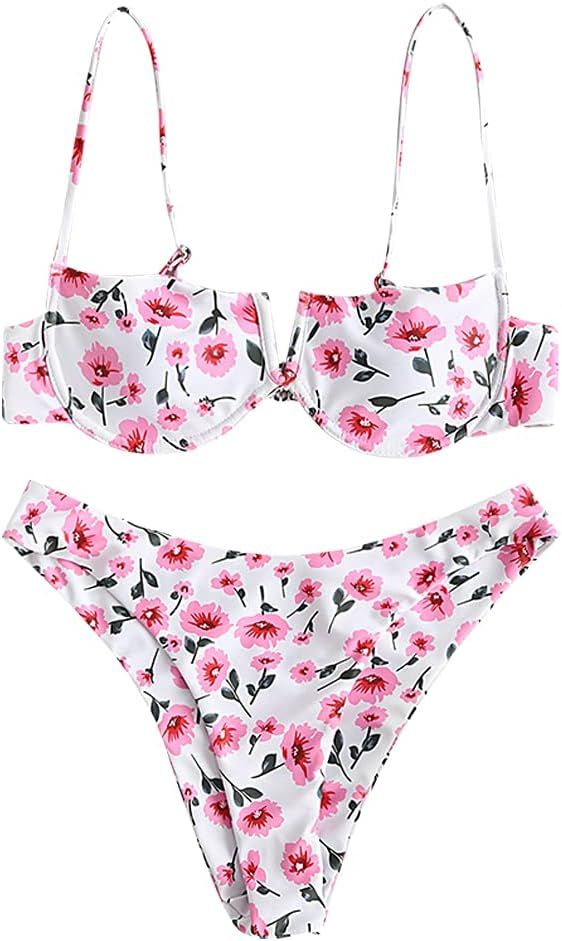 ZAFUL Women's Floral V-Wired Underwire High Leg Two Piece Bikini Set Swimsuit | Amazon (US)