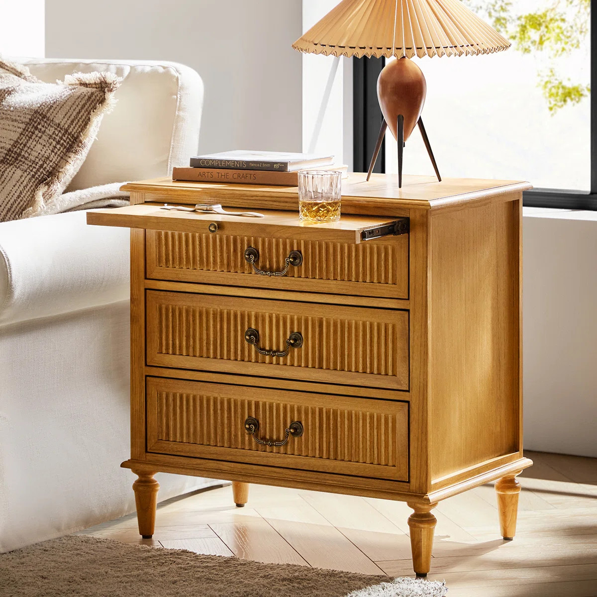 Kaybri Farmhouse 3-Drawer Fluted Solid Wood End Table with Built-In Outlet and Pull-out Tray | Wayfair North America