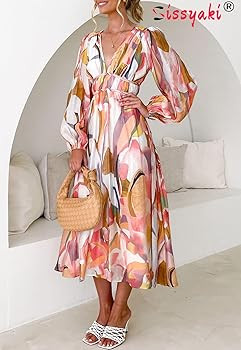 Sissyaki Women's 2024 Long Sleeve Boho Floral Maxi Dress V Neck Casual Long Dress | Amazon (US)