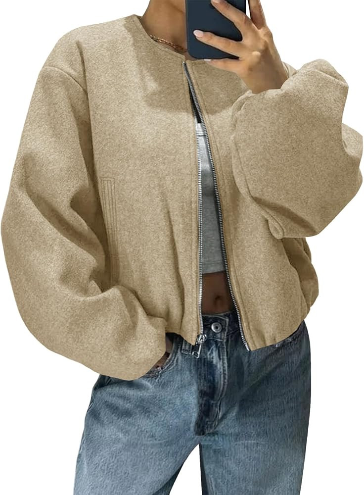 Tankaneo Womens Cropped Bomber Jackets Trendy Casual Collarless Pea Coat Zip Up Fall Short Jacket | Amazon (US)