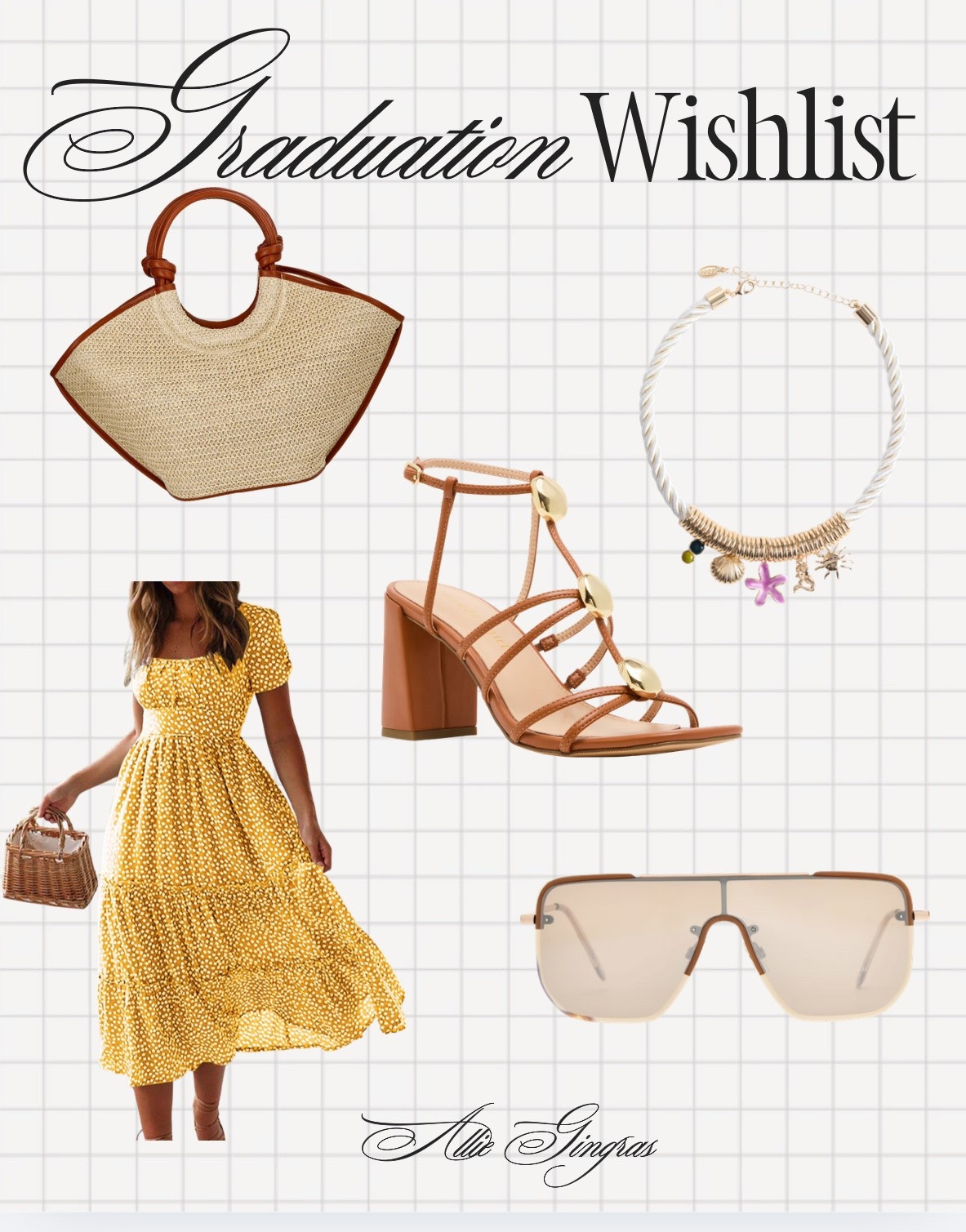 Graduation season outfit two and the yellow era is in full swing ☀️🎓 Polka dot midi dress, tan strappy heels, wood bangle, charm necklace and those shield sunnies — effortlessly chic and all linked 👇

#ltkstyletip #summerstyle #graduationstyle
