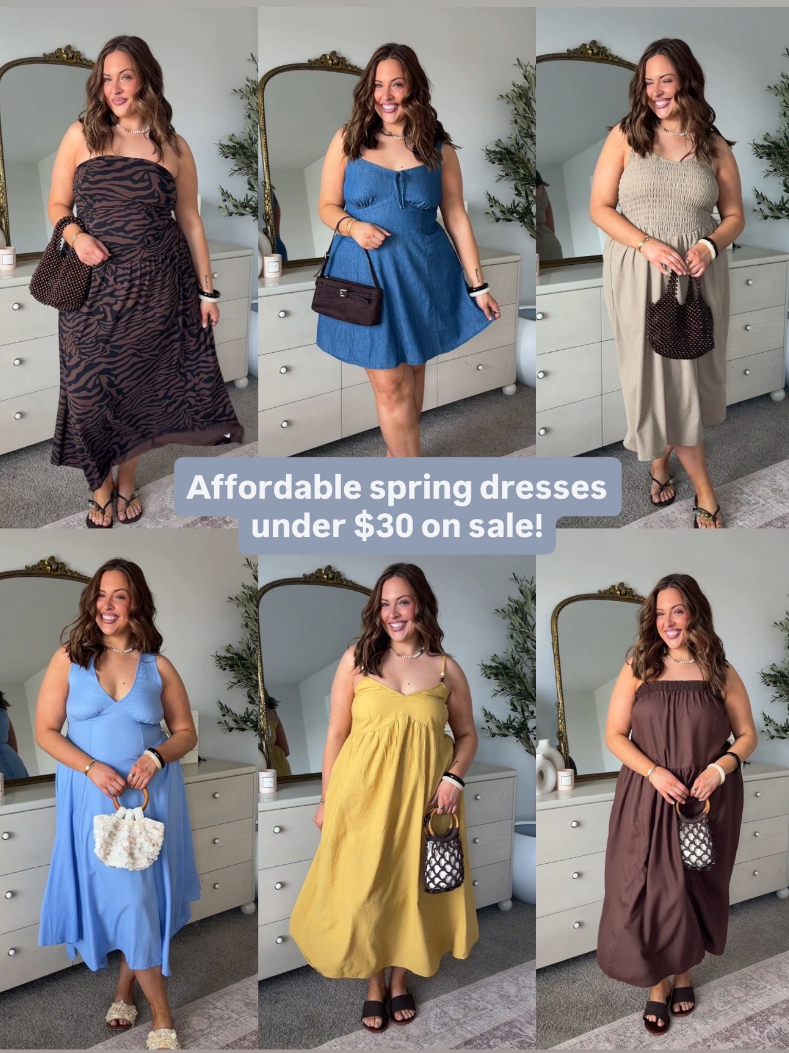 Wearing a large in these dresses & a medium in the flowy blue one! Dresses run large so size down! I'm 5'6, size 14/16 for reference!🤍all dresses under $30 on sale now!

#LTKPlusSize #LTKMidsize #LTKootd