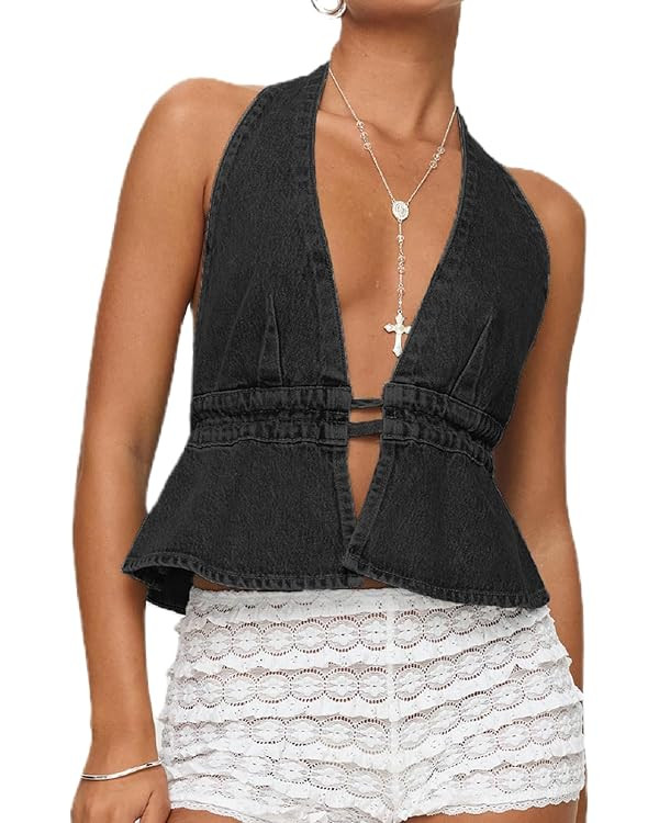 Women Sexy Deep V Neck Halter Denim Tank Top Tie Up Back Solid Color Backless Jean Vest Strapless... | Amazon (US)