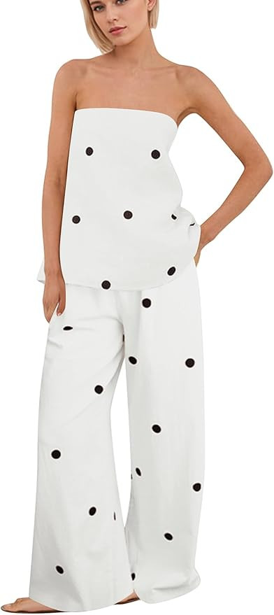 Women Polka Dot 2 Piece Outfits Spot Strapless Tube Top High Waist Wide Leg Pants Lounge Set Summ... | Amazon (US)